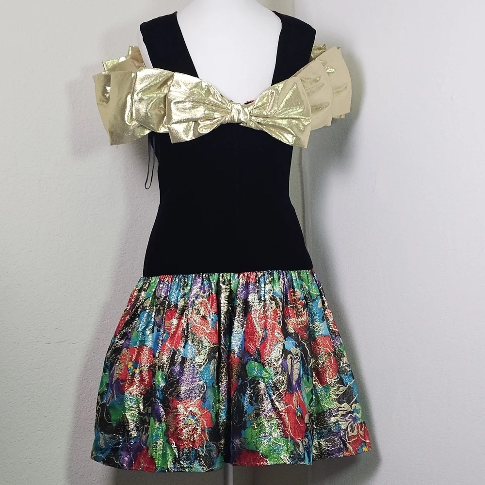 Vintage Morton Myles Saks Velvet Gold Bow Metallic Floral Cocktail Dress Sz S - Picture 5 of 15
